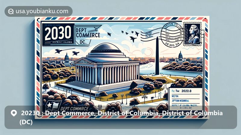 Creative postcard-style illustration of Dept Commerce area ZIP code 20230 in District of Columbia, featuring Jefferson Memorial, U.S. Capitol, and Washington Monument silhouette.
