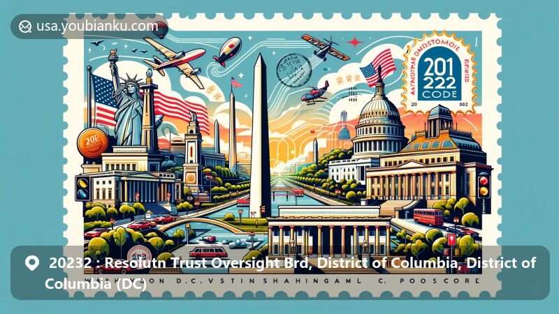 Modern illustration of Washington D.C. showcasing iconic landmarks including the National Mall, The White House, The Washington Monument, and the National Air and Space Museum, in a vibrant postcard design with postal elements and ZIP code 20232.