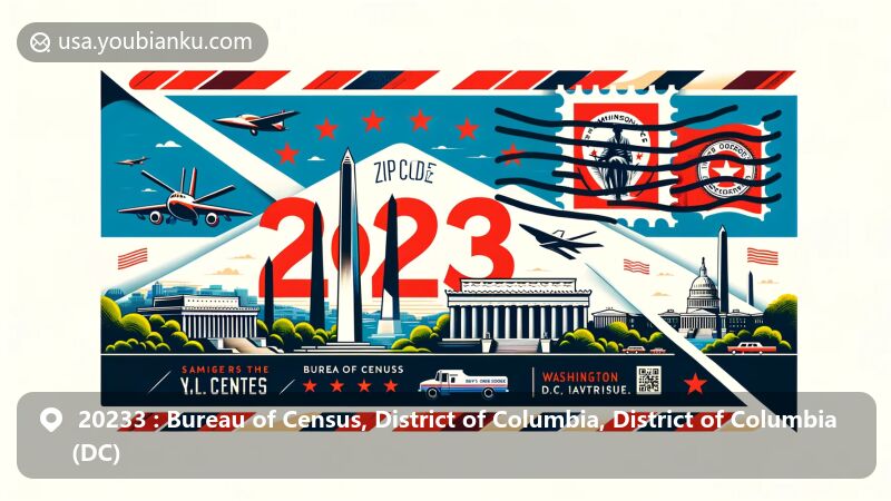 Modern illustration of the Bureau of Census in the District of Columbia, blending postal theme with Washington D.C. landmarks, showcasing ZIP code 20233.