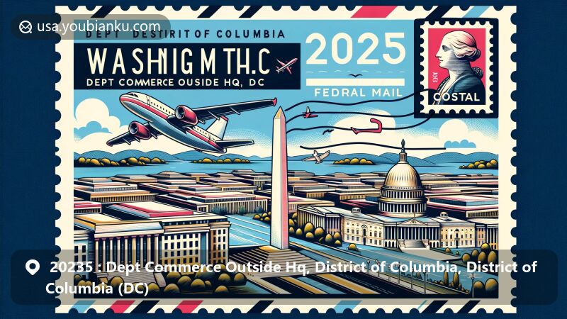 Modern illustration of Dept Commerce Outside Hq, District of Columbia, DC, with ZIP code 20235, showcasing iconic Washington Monument and U.S. Capitol, symbolizing capital connection. Includes postage stamp, postal mark, and air mail motif on stylized DC map background.