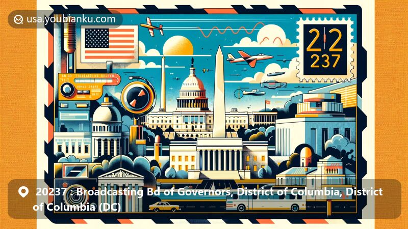 Modern illustration of Washington, D.C., showcasing postal theme with ZIP code 20237, featuring iconic landmarks like the White House, Washington Monument, and Lincoln Memorial.