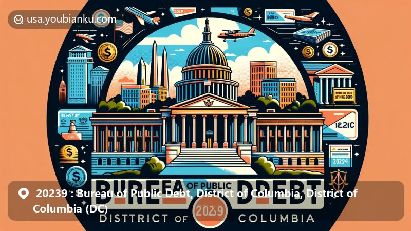 Modern illustration of the Bureau of Public Debt in Washington D.C., featuring iconic landmarks like the Capitol building and U.S. Treasury, with a postal theme and ZIP code 20239.