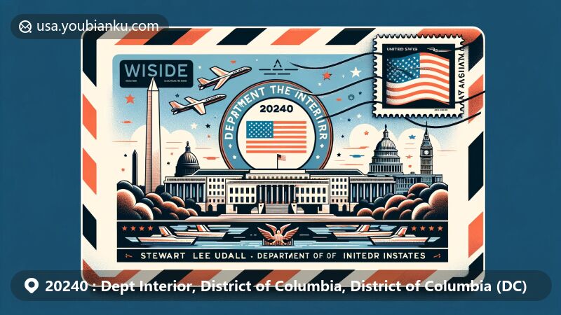 Modern illustration of the Stewart Lee Udall Department of the Interior Building in Washington D.C., featuring iconic landmarks like the Capitol and Washington Monument on an airmail envelope design with a stamp, postmark, and ZIP code 20240.