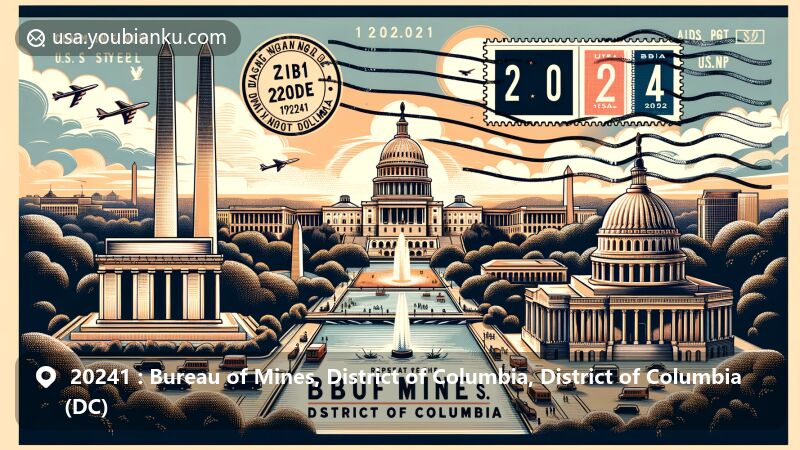 Modern illustration of the Bureau of Mines, District of Columbia with ZIP code 20241, featuring iconic Washington D.C. landmarks like the Washington Monument, U.S. Capitol, Lincoln Memorial, and Jefferson Memorial blended with postal elements in a postcard style.
