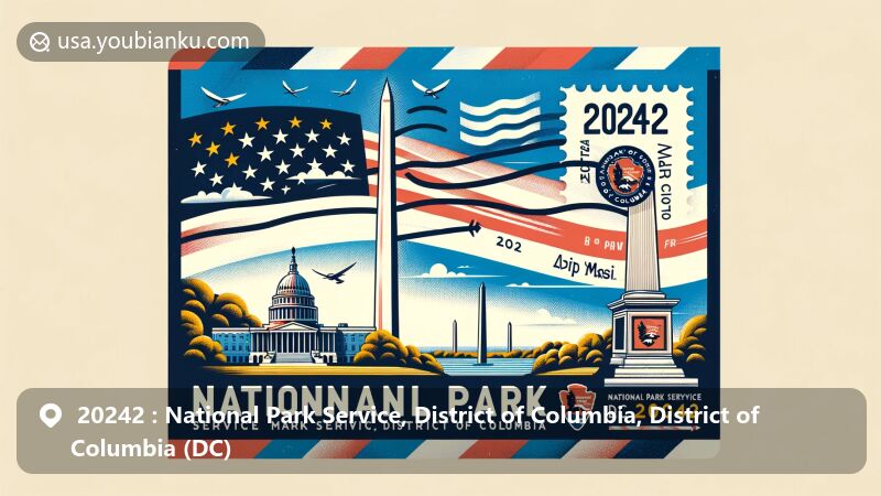 Modern illustration of Washington D.C. for ZIP code 20242, featuring the National Park Service, Washington Monument, American flag, vintage stamp, and landmarks like Lincoln Memorial and Jefferson Memorial.