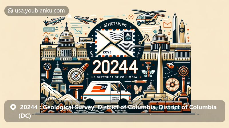 Modern illustration of Geological Survey area in Washington D.C.'s ZIP Code 20244, blending iconic landmarks like Capitol Building, Washington Monument, and Lincoln Memorial with geological survey symbols, airmail envelope, postage stamp, and postal elements.