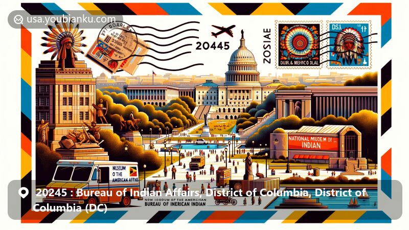 Modern illustration of the Bureau of Indian Affairs area in Washington, D.C., depicting the National Museum of the American Indian, National Mall, and a postal theme with ZIP code 20245.