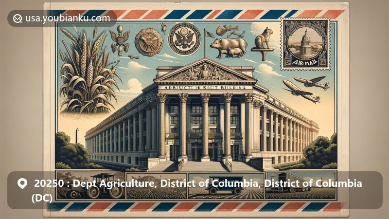 Modern illustration of the Agriculture South Building in Washington, D.C., on a retro airmail envelope, showcasing its historical and architectural significance with Stripped Classicism and Modern Movement styles, Corinthian columns, and relief panels of native animals.