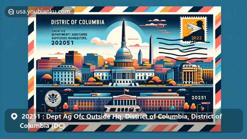 Modern illustration of ZIP Code 20251, Department of Agriculture Office Outside Headquarters in the District of Columbia, featuring iconic landmarks like the Washington Monument and White House, with postal elements like postage stamp, postmark '20251', and air mail envelope.