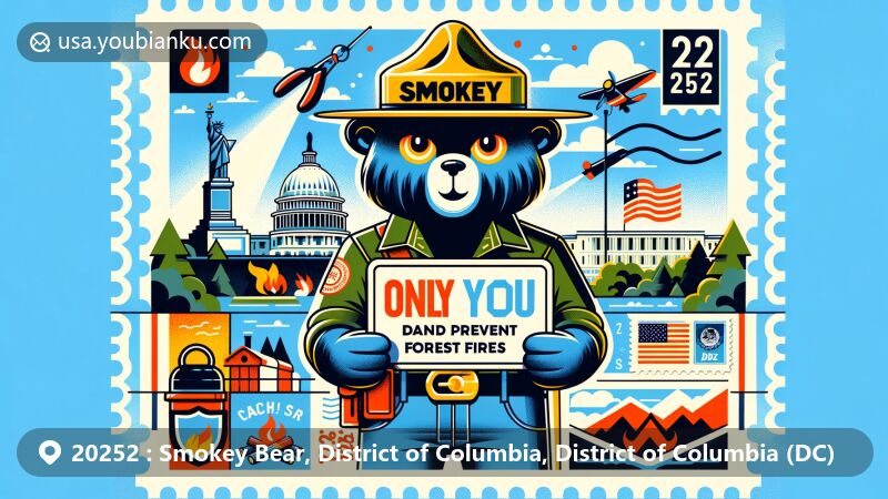 Modern illustration of Smokey Bear at iconic Washington DC landmarks, featuring postal theme with ZIP code 20252 and wildfire prevention message.