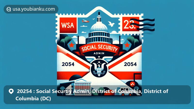 Modern illustration of the Social Security Admin area in the District of Columbia (DC), featuring a creative postal theme with iconic symbols like the DC flag and Potomac bluestone, highlighting the ZIP code '20254' and postal elements within a stylized air mail envelope.