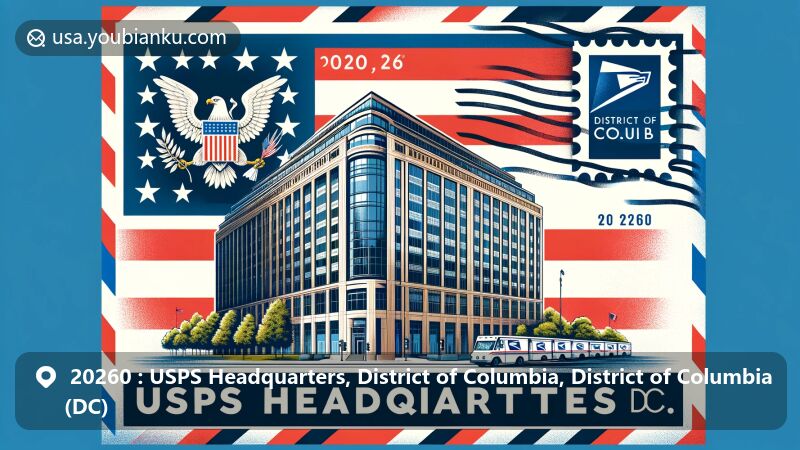 Modern illustration of USPS Headquarters in District of Columbia, showcasing postal theme with ZIP code 20260, featuring American flag and D.C. emblem.