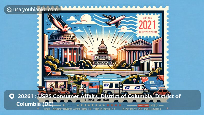 Modern illustration of ZIP code 20261, District of Columbia, featuring USPS Consumer Affairs and iconic landmarks like the White House and United States Capitol. Vibrant postal design with postage stamp, mailbox, and postal truck.