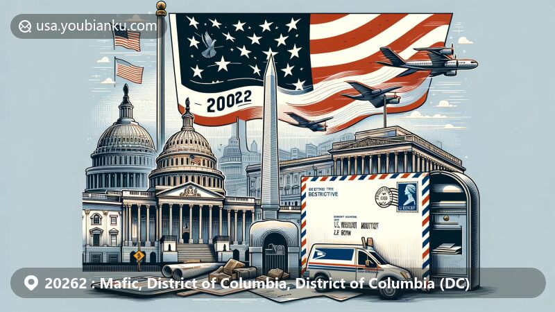 Modern illustration of the Mafic area in the District of Columbia, ZIP code 20262, featuring iconic landmarks like the White House, U.S. Capitol, and Washington Monument, integrated with postal symbols.