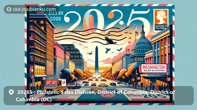 Modern illustration of ZIP Code 20265 in the District of Columbia, showcasing philatelic theme with iconic Washington, D.C. symbols and historical landmarks.