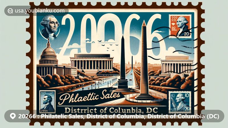 Modern illustration of Philatelic Sales, District of Columbia, DC, featuring Washington landmarks like the Washington Monument, Lincoln Memorial, and the United States Capitol within a philatelic theme with vintage stamp elements.
