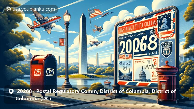 Creative illustration of Washington, D.C.'s 20268 ZIP Code area featuring iconic Washington Monument, vintage postcard with postal theme, and classic red mailbox.