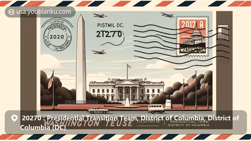 Modern interpretation of the District of Columbia's ZIP code 20270, featuring Washington Monument and White House, symbolizing importance of Presidential Transition Team area with vintage postal elements.