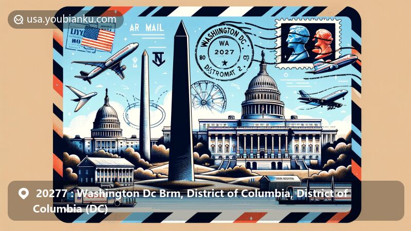 Modern illustration of iconic landmarks in Washington D.C., including the Washington Monument, White House, Capitol Building, and Lincoln Memorial, transformed into a postal theme design with stamps and postmark.