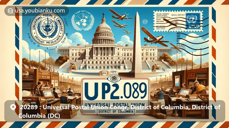 Modern illustration of Universal Postal Union Congress in District of Columbia, showcasing iconic landmarks like Capitol Building and Washington Monument, with vintage air mail envelope, UPU logo stamps, and ZIP Code 20289 postmark.