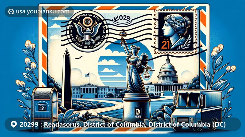 Modern illustration of the District of Columbia showcasing airmail envelope with iconic landmarks in the background and a stamp featuring Lady Justice and George Washington, symbolizing the official seal of DC, with prominent ZIP code 20299.