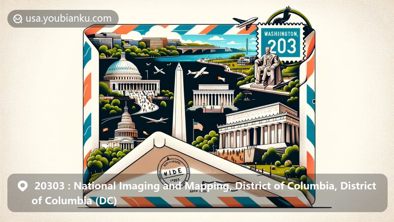 Modern illustration of Washington, D.C., with airmail envelope featuring Lincoln Memorial, Martin Luther King, Jr. Memorial, and elements of National Mall & Memorial Parks.