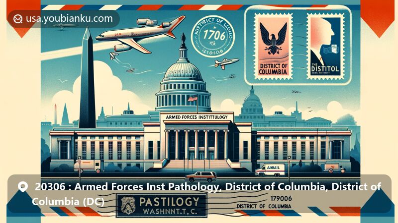 Modern illustration of the Armed Forces Institute of Pathology in Washington, D.C., featuring Capitol Building and Washington Monument in the background, with airmail envelope showcasing stamps and postmark '20306'.