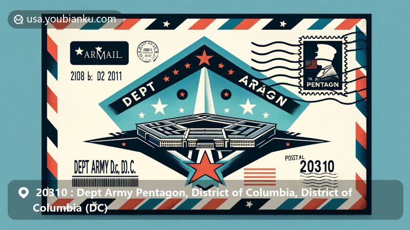 Modern illustration of Dept Army Pentagon, District of Columbia, showcasing postal theme with ZIP code 20310, featuring Pentagon silhouette, Washington D.C. outline, and American flag elements.