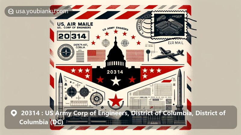 Modern illustration of US Army Corp of Engineers in District of Columbia, DC, with postal theme and ZIP code 20314, showcasing DC flag, Capitol building silhouette, and engineering symbols on air mail envelope background.