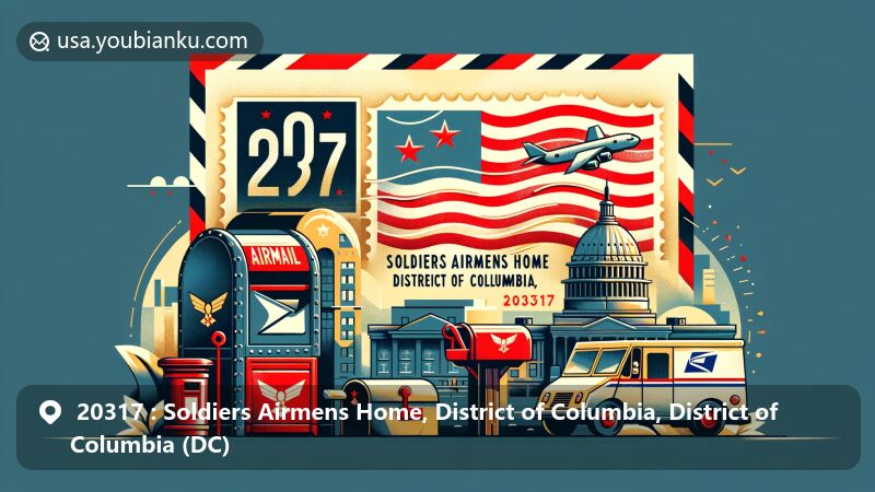Modern illustration of Soldiers Airmens Home, District of Columbia (DC), showcasing airmail envelope with District of Columbia flag & ZIP code 20317, classic mailbox, postal van, and regional elements.