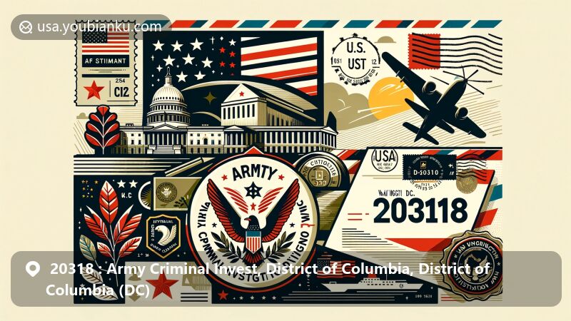Modern illustration of the Army Criminal Investigation Division at ZIP Code 20318 in Washington D.C., combining postal elements like air mail envelope, stamps, and postmark with symbols of DC including flag, Scarlet Oak tree, and Wood Thrush bird.