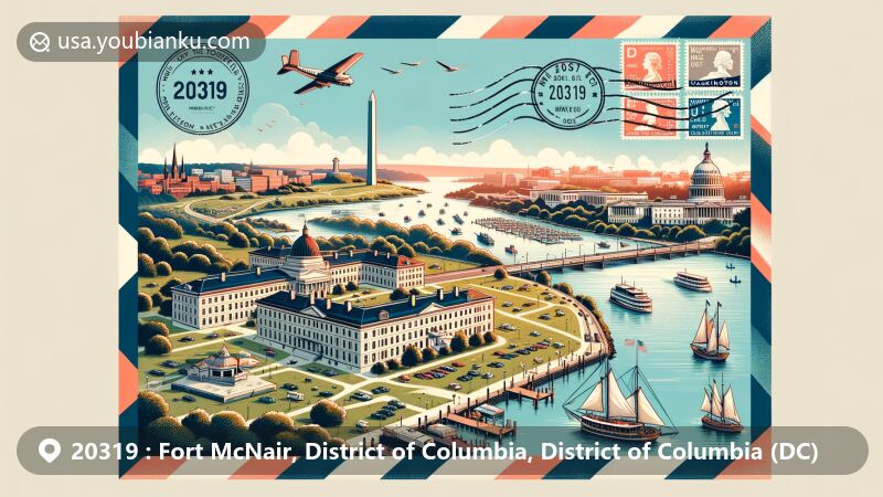 Modern illustration of Fort McNair area in Washington, D.C., showcasing ZIP code 20319, featuring historical military buildings and scenic riverside view with iconic landmarks like Washington Monument and U.S. Capitol.