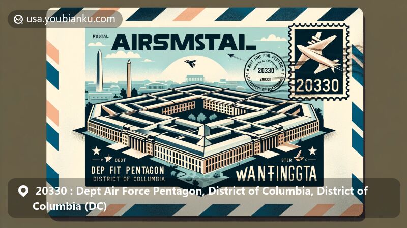 Modern illustration of the Dept Air Force Pentagon, District of Columbia (DC), featuring ZIP code 20330, showcasing detailed depiction of Pentagon and postal elements like stamps and postmarks.