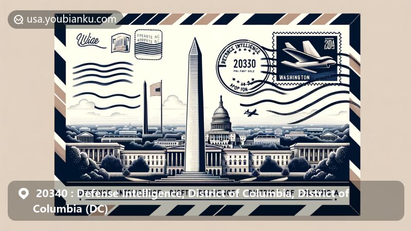 Modern illustration of Washington D.C. landmarks with vintage airmail envelope theme, highlighting ZIP code 20340 representing Defense Intelligence in the District of Columbia.