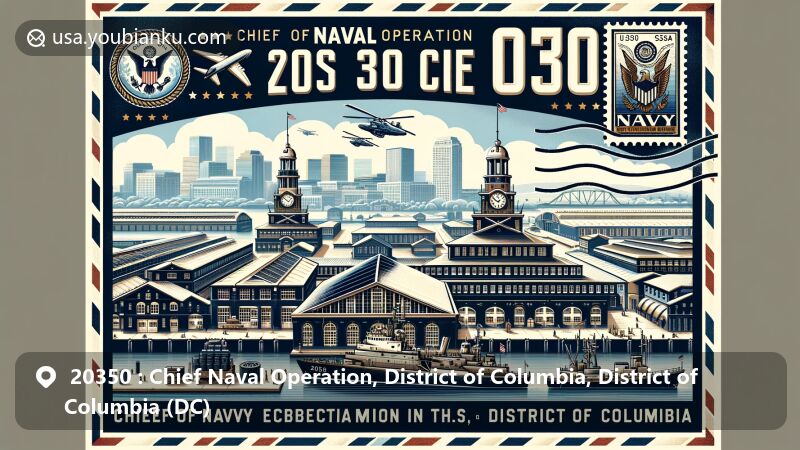 Modern illustration of Chief Naval Operation area, ZIP code 20350, in District of Columbia, highlighting Washington Navy Yard's history and transformation, featuring naval ship, historic buildings, and symbolic elements.
