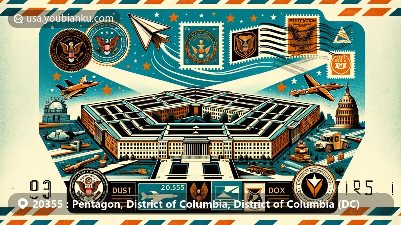Modern illustration of the Pentagon in the District of Columbia, incorporating emblems of the United States Department of Defense's five branches, vintage airmail theme, and ZIP code 20355.