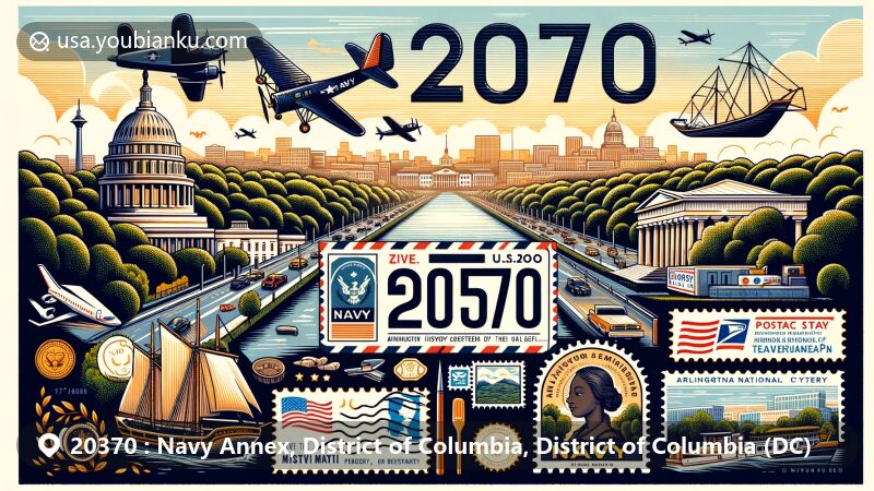 Modern illustration of Navy Annex in the District of Columbia, featuring historical elements like Arlington National Cemetery expansion, African-American history museum, and redesigned Columbia Pike. Includes U.S. Navy and postal symbols with ZIP code 20370.