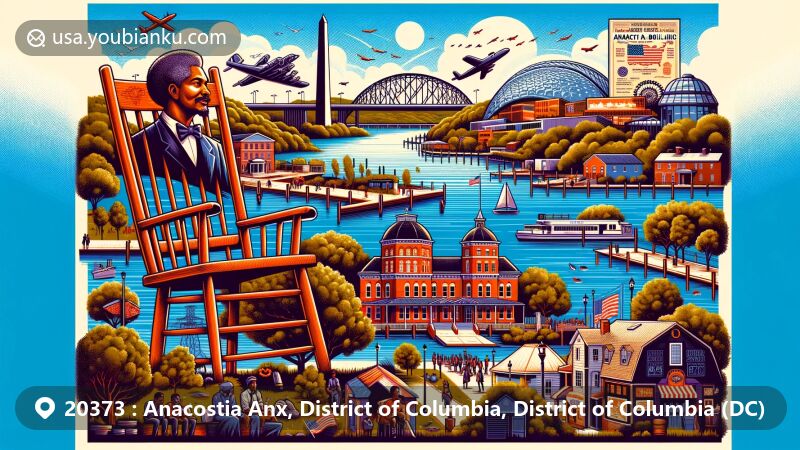 Modern illustration of Anacostia, District of Columbia, DC, depicting the historical and modern essence, blending African American heritage with Anacostia River's beauty. Featuring Big Chair, Anacostia Community Museum, Cedar Hill, and Naval District Washington elements.