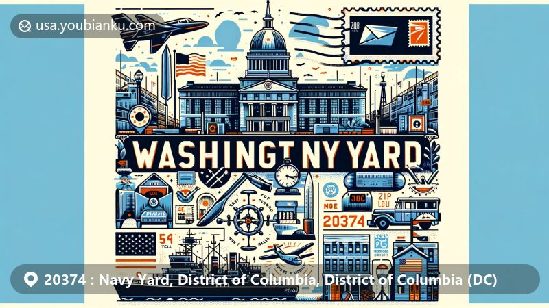 Modern illustration of Washington Navy Yard area in Washington D.C. with ZIP code 20374, blending iconic Navy Yard landmarks with postal elements.