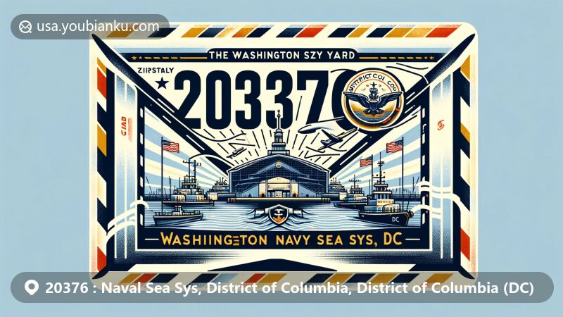 Modern illustration of Washington Navy Yard, DC, representing ZIP code 20376, featuring airmail theme with American flag colors, stamp, postmark, and postal elements.