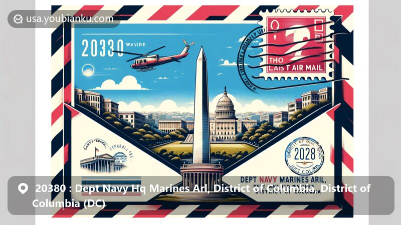 Modern illustration of the Washington Monument and the White House in Washington D.C., creatively displayed inside an air mail envelope with vintage and modern aesthetics, featuring postal elements like a stamp with ZIP code 20380, a postmark from Dept Navy Hq Marines Arl, District of Columbia, and a red and blue airmail border.