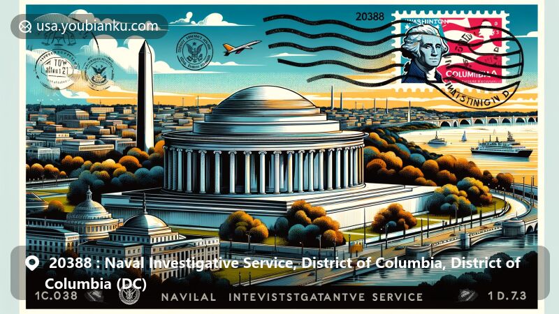 Modern illustration of Washington D.C. area with Naval Investigative Service and Jefferson Memorial, featuring ZIP code 20388 and iconic landmarks, including Washington Monument, in a contemporary artistic style.