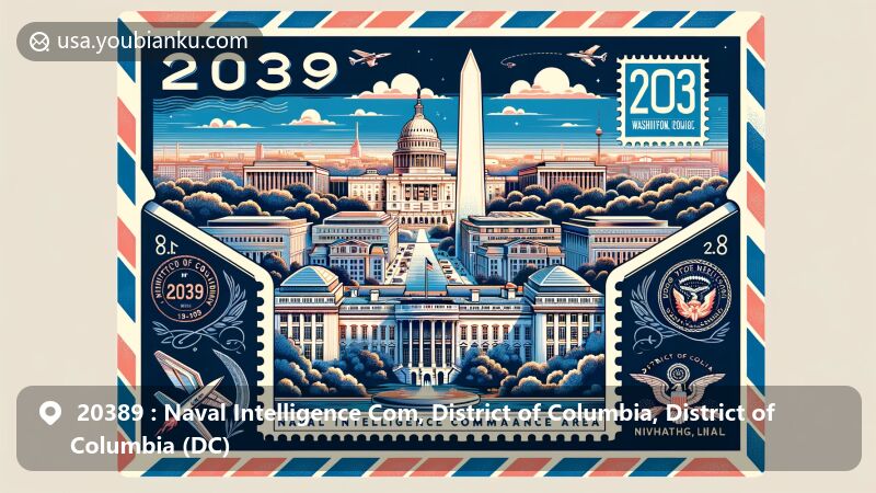 Modern illustration of Washington, D.C., ZIP code 20389, emphasizing Naval Intelligence Command area with White House, Washington Monument, and Smithsonian museums in airmail envelope design.