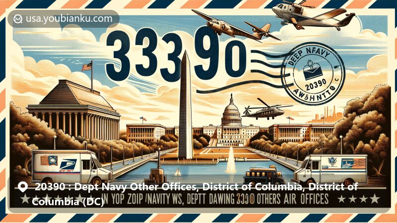 Modern illustration of Dept Navy Other Offices in Washington, D.C., with postal theme showcasing ZIP code 20390, featuring iconic landmarks like the Washington Monument and the White House, on a vintage air mail envelope.
