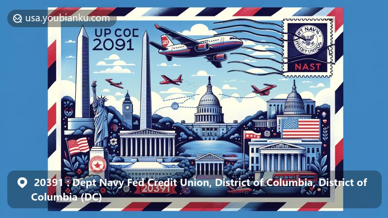 Modern illustration of ZIP code 20391 for the Dept Navy Fed Credit Union area in Washington D.C., featuring iconic landmarks like the Washington Monument, the White House, and the Lincoln Memorial.