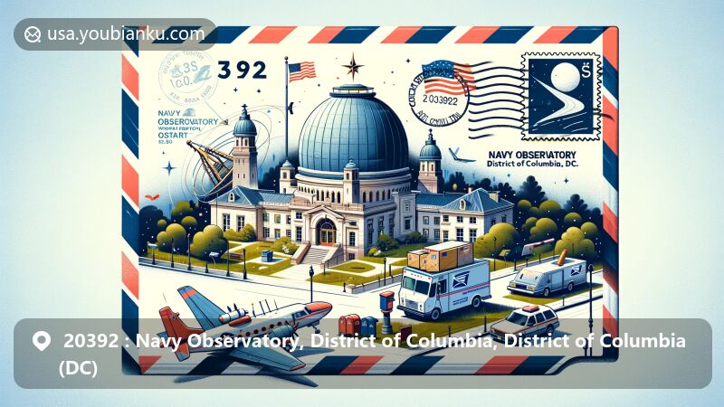 Modern illustration of United States Naval Observatory in Washington D.C., featuring airmail envelope design with ZIP code 20392 and 'Navy Observatory, District of Columbia, DC', postal stamp and postmark.