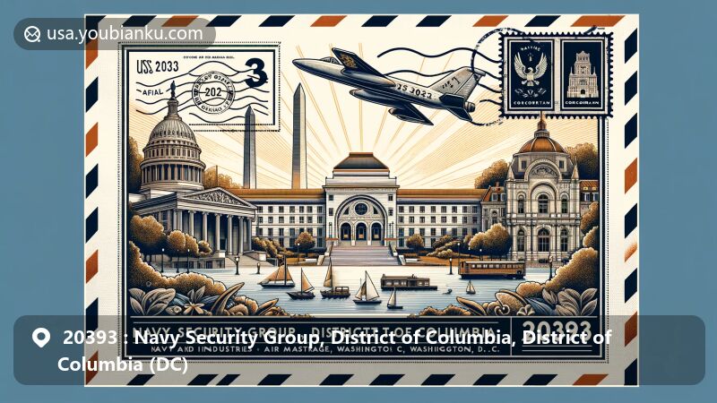Modern illustration of ZIP Code 20393 in Navy Security Group area, Washington D.C., featuring vintage air mail envelope and iconic landmarks such as Arts and Industries Building, Ashburton House, and Corcoran Gallery. Postal elements like postage stamp with Washington Monument silhouette and '20393' ZIP Code postmark included.