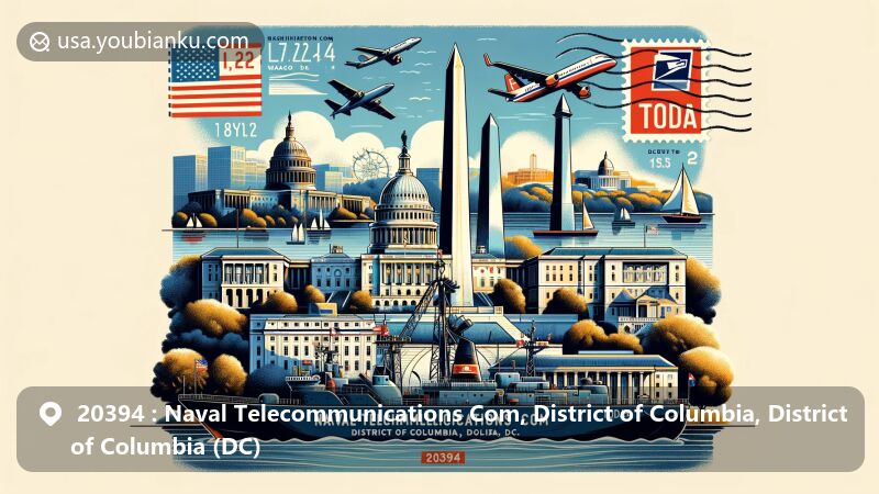 Modern illustration of Naval Telecommunications Com, District of Columbia, combining naval heritage with Washington, D.C. landmarks like the Jefferson Memorial, Washington Monument, and U.S. Capitol, featuring postal elements and ZIP code 20394.