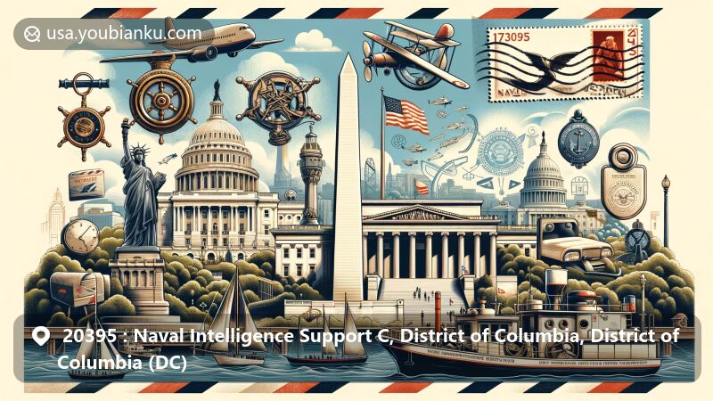 Modern illustration of Washington D.C. showcasing iconic landmarks like the White House, Washington Monument, and Capitol, with Naval Intelligence Support Center elements of anchor and spyglass. Postal theme with airmail envelope, Lincoln Memorial stamp, '20395' cancellation mark, and mail carrier's bag with ZIP code.