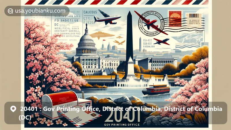 Modern illustration of Gov Printing Office in the District of Columbia, DC, showcasing postal theme with ZIP code 20401, featuring iconic landmarks like the White House, U.S. Capitol, and Washington Monument.